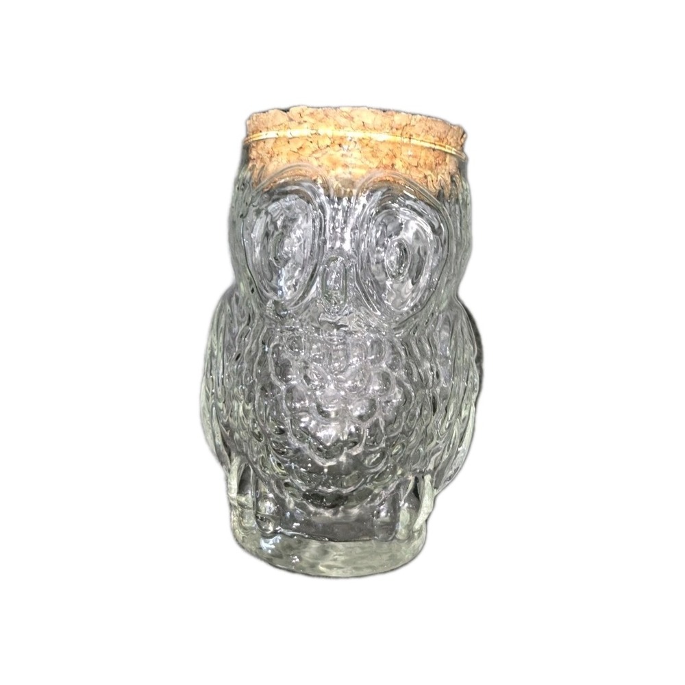 Vintage Clear Textured Glass Owl Jar with Cork Lid Decorative Storage Canister